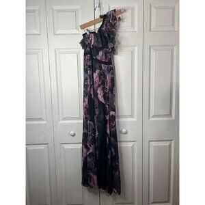Fuzzi Black Purple Floral Print One Shoulder Maxi Dress Gown Women's Medium M